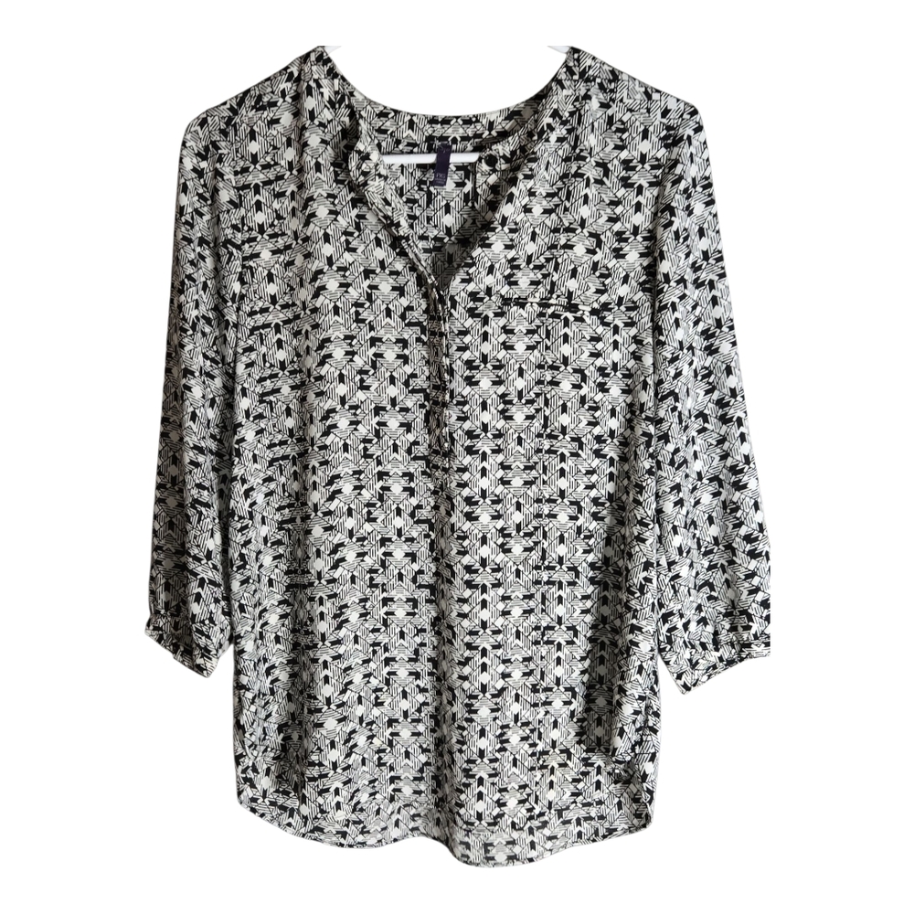NYDJ Black and White 3/4 Sleeve Blouse with Mandarin Collar